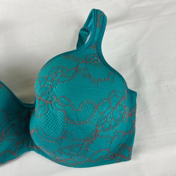Cacique Underwire Bra Size 38G Teal Blue, Lace Overlay on Cups, Padded - Picture 3 of 6